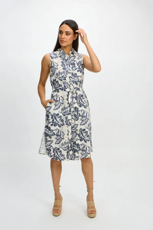 Emproved Women's Sleeveless Midi Woven Dress - Deep Ocean Tropical Leaf