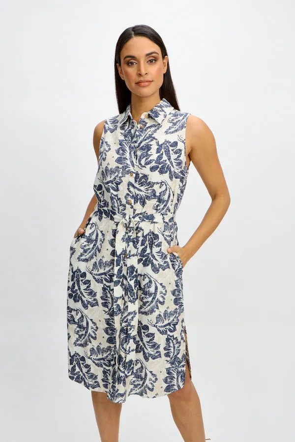 Emproved Women's Sleeveless Midi Woven Dress - Deep Ocean Tropical Leaf