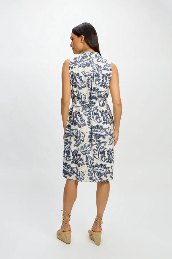 Emproved Women's Sleeveless Midi Woven Dress - Deep Ocean Tropical Leaf