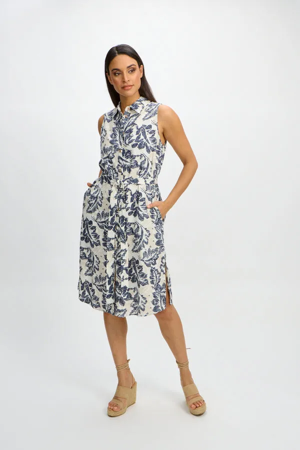 Emproved Women's Sleeveless Midi Woven Dress - Deep Ocean Tropical Leaf