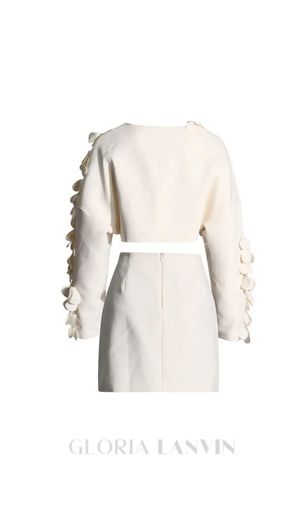 ESTHER WHITE 3D FLORAL LONG SLEEVE TOP MINI SKIRT SET Gloria Lanvin