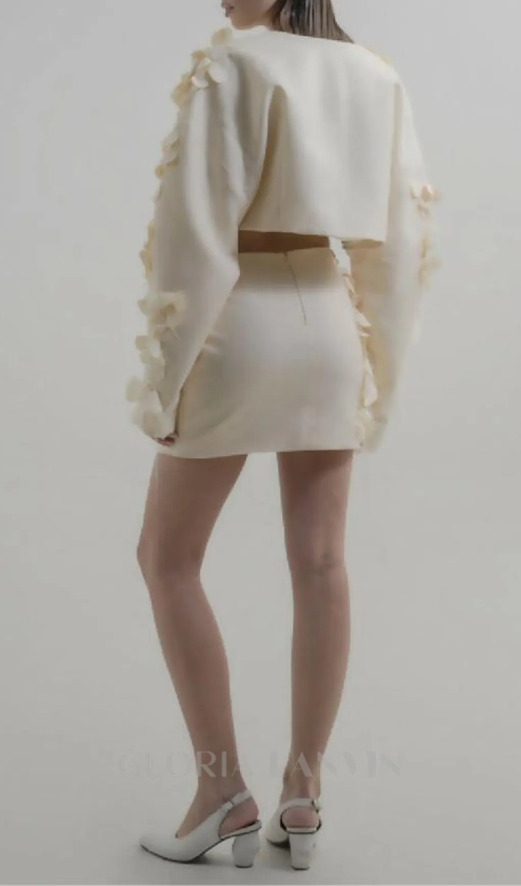 ESTHER WHITE 3D FLORAL LONG SLEEVE TOP MINI SKIRT SET Gloria Lanvin