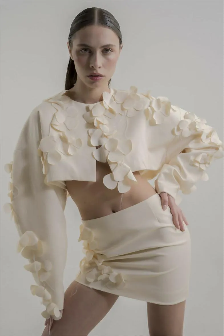ESTHER WHITE 3D FLORAL LONG SLEEVE TOP MINI SKIRT SET Gloria Lanvin
