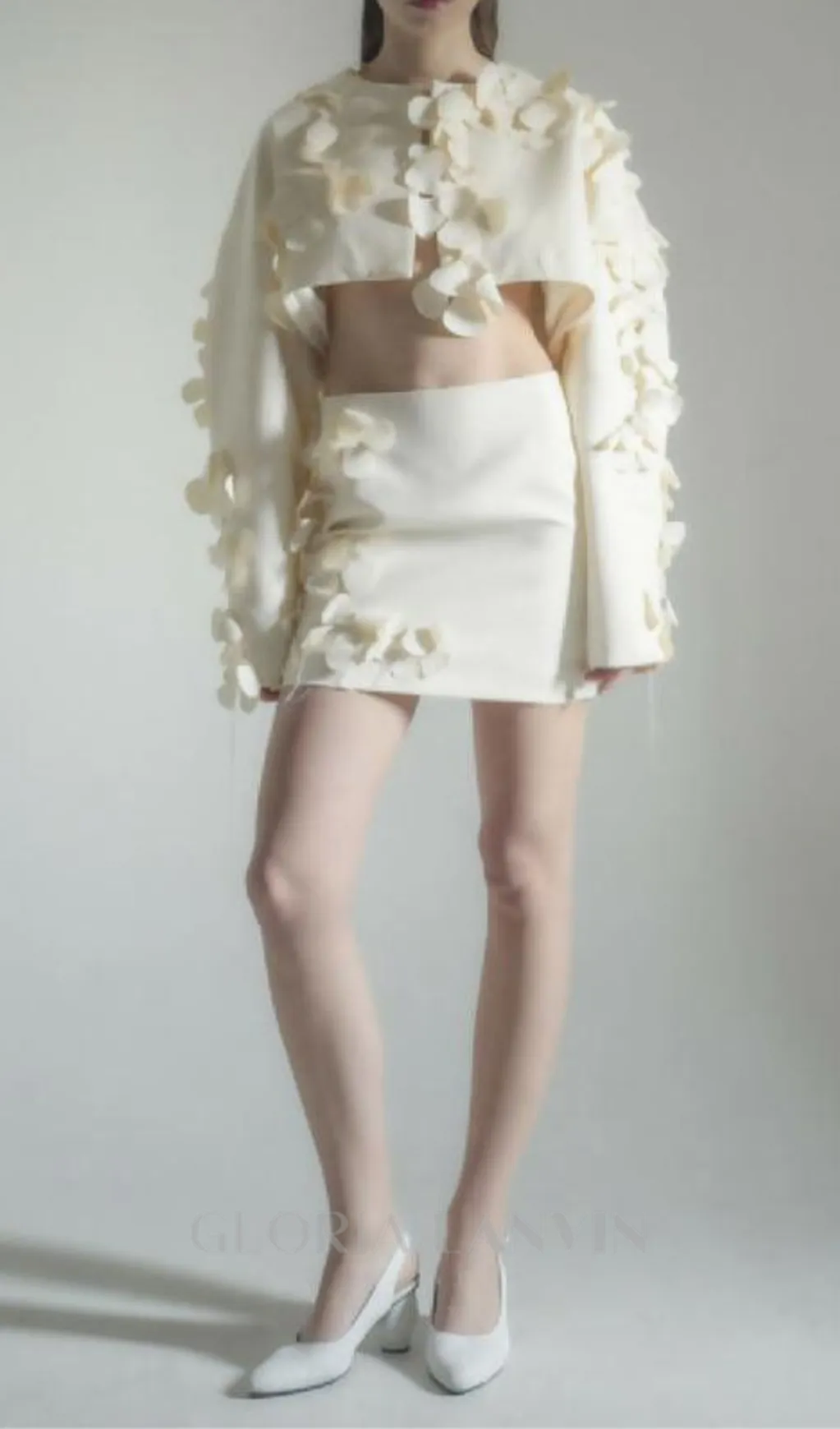 ESTHER WHITE 3D FLORAL LONG SLEEVE TOP MINI SKIRT SET Gloria Lanvin