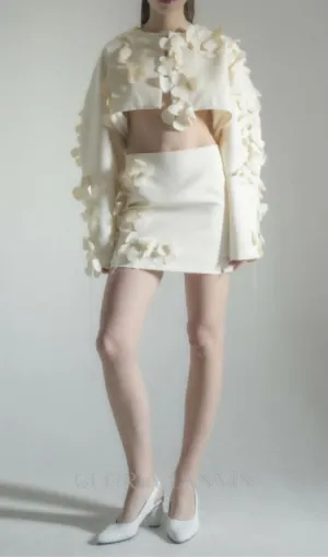 ESTHER WHITE 3D FLORAL LONG SLEEVE TOP MINI SKIRT SET Gloria Lanvin