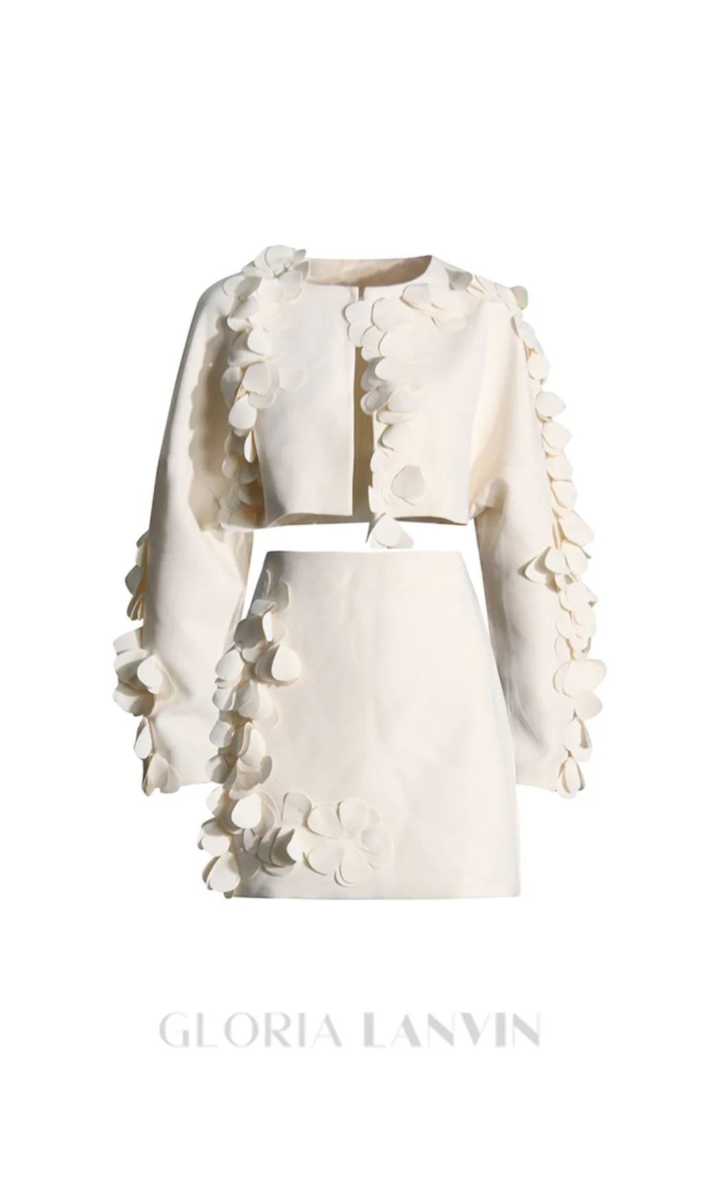 ESTHER WHITE 3D FLORAL LONG SLEEVE TOP MINI SKIRT SET Gloria Lanvin