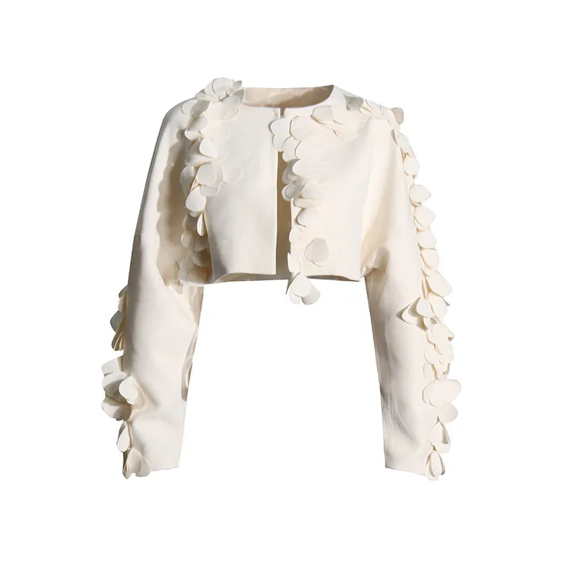 ESTHER WHITE 3D FLORAL LONG SLEEVE TOP MINI SKIRT SET Gloria Lanvin