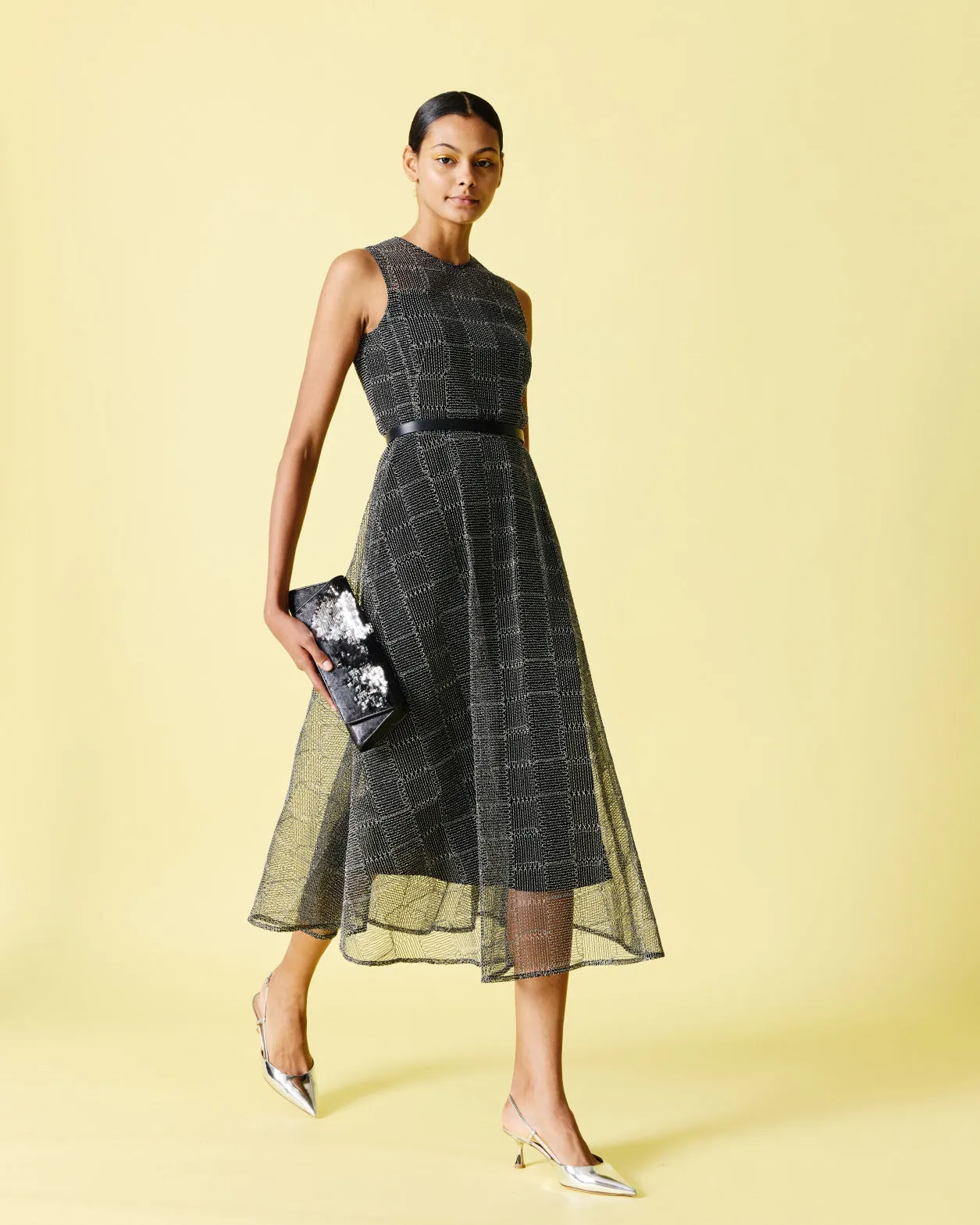 Fit and Flare Squares on Tulle Midi Dress 