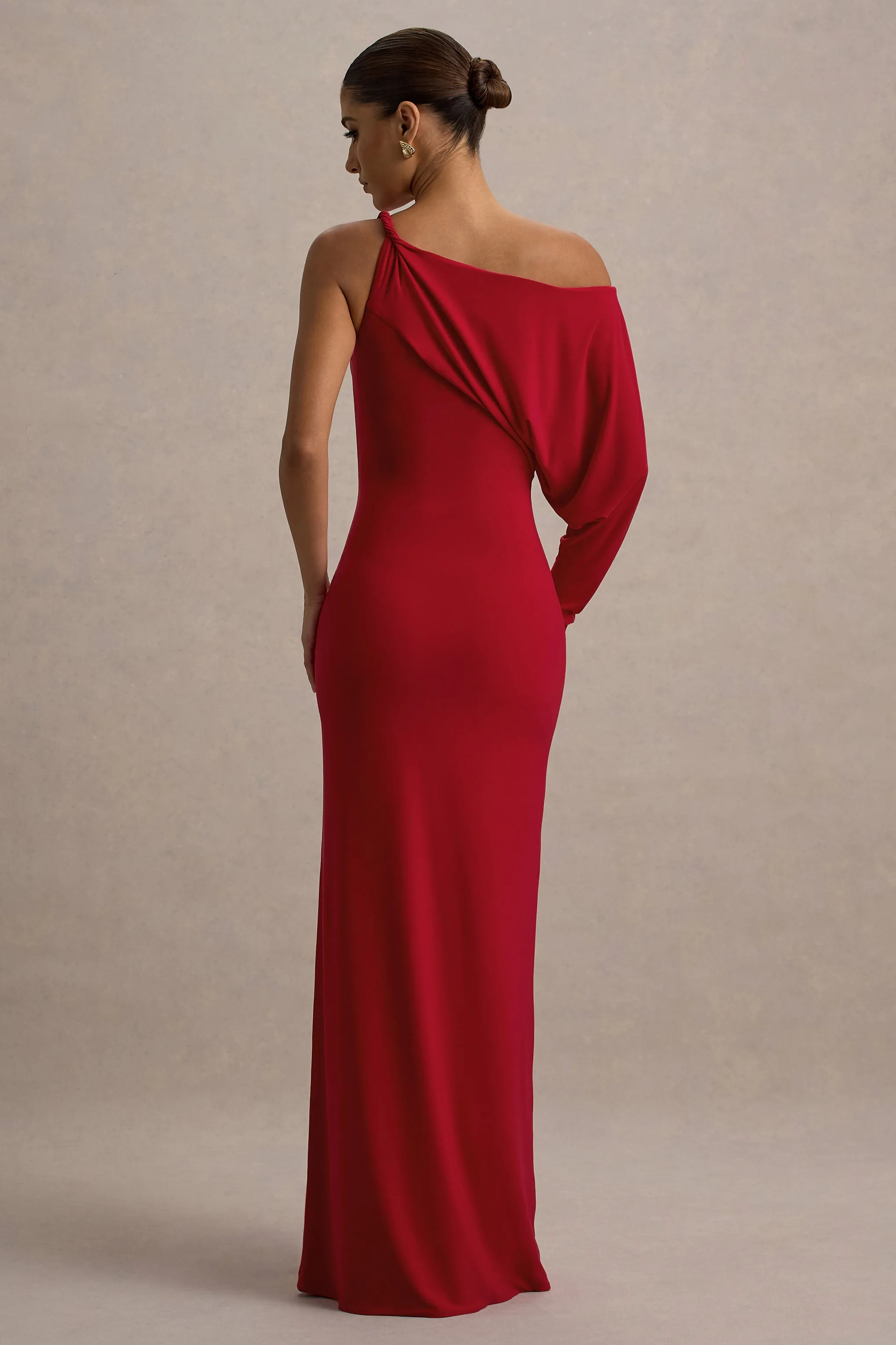 Floria | Red Draped One-Sleeve Maxi Dress Club L London