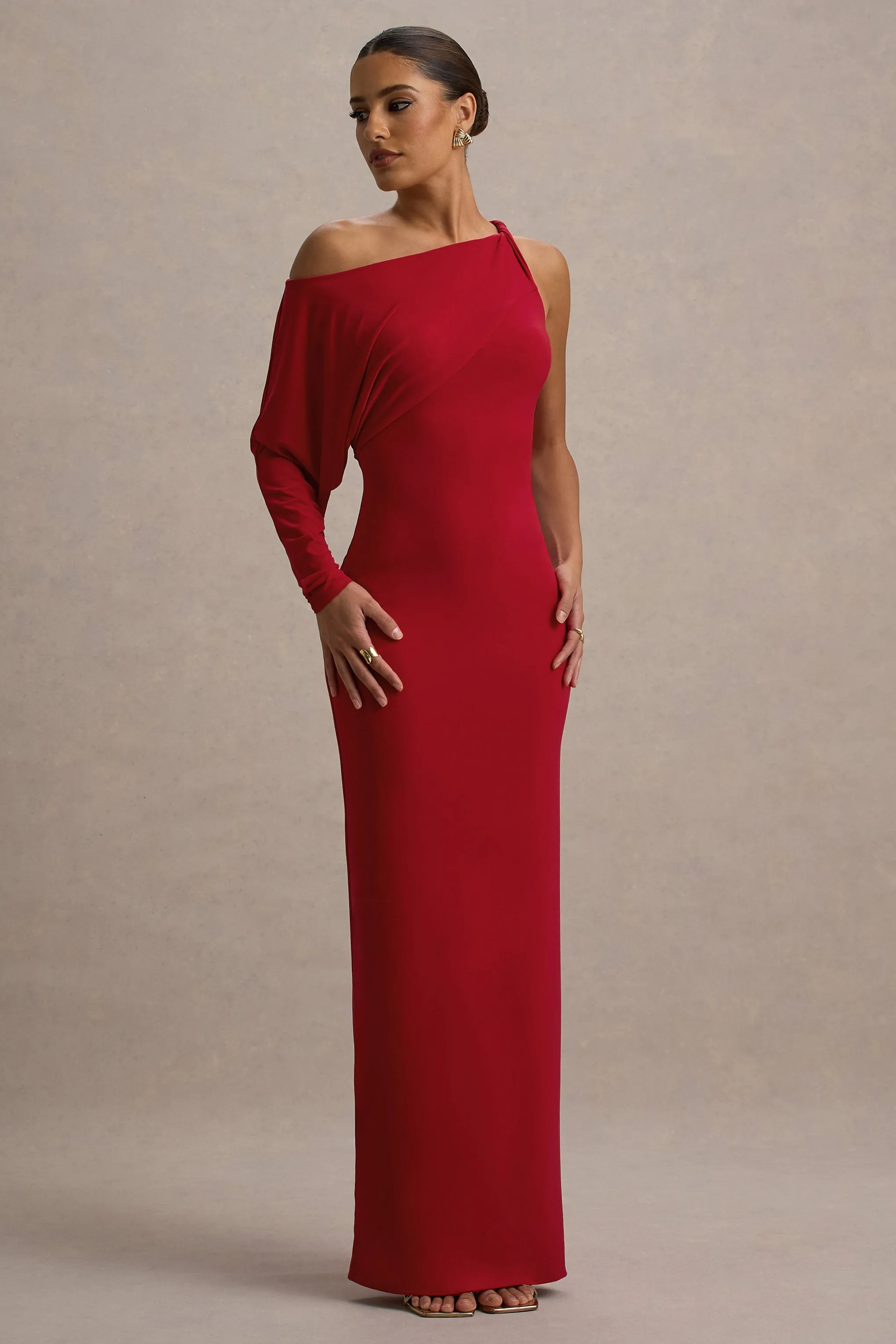 Floria | Red Draped One-Sleeve Maxi Dress Club L London