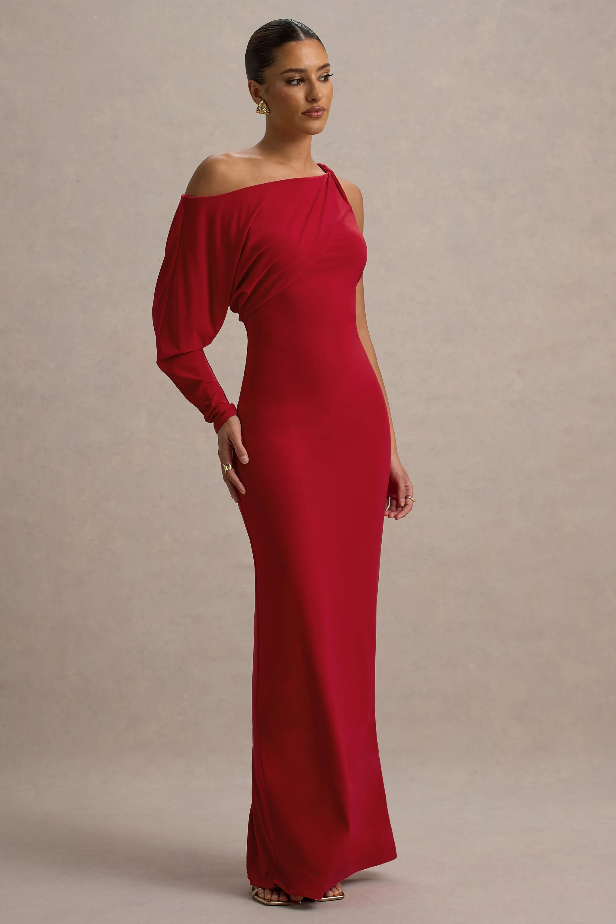 Floria | Red Draped One-Sleeve Maxi Dress Club L London