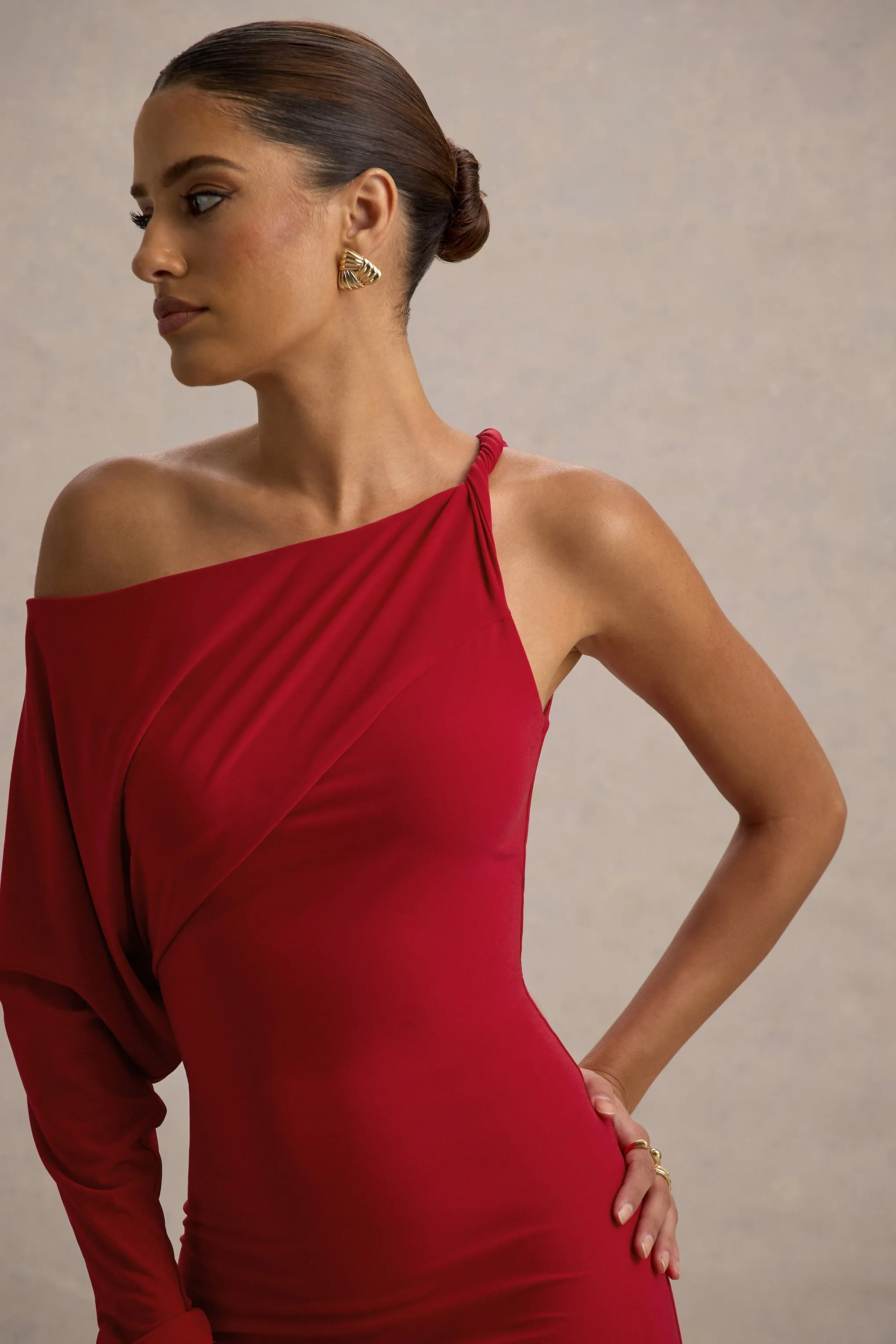 Floria | Red Draped One-Sleeve Maxi Dress Club L London