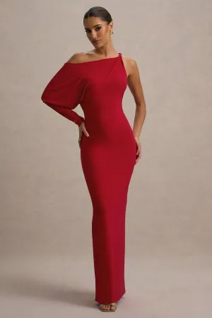 Floria | Red Draped One-Sleeve Maxi Dress Club L London