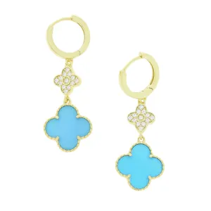 Four Leaf Clover Gold Plated Blue Stone Huggie Earrings GVL068