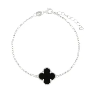 Four Leaf Clover Sterling Silver Black Stone Bracelet GVL052