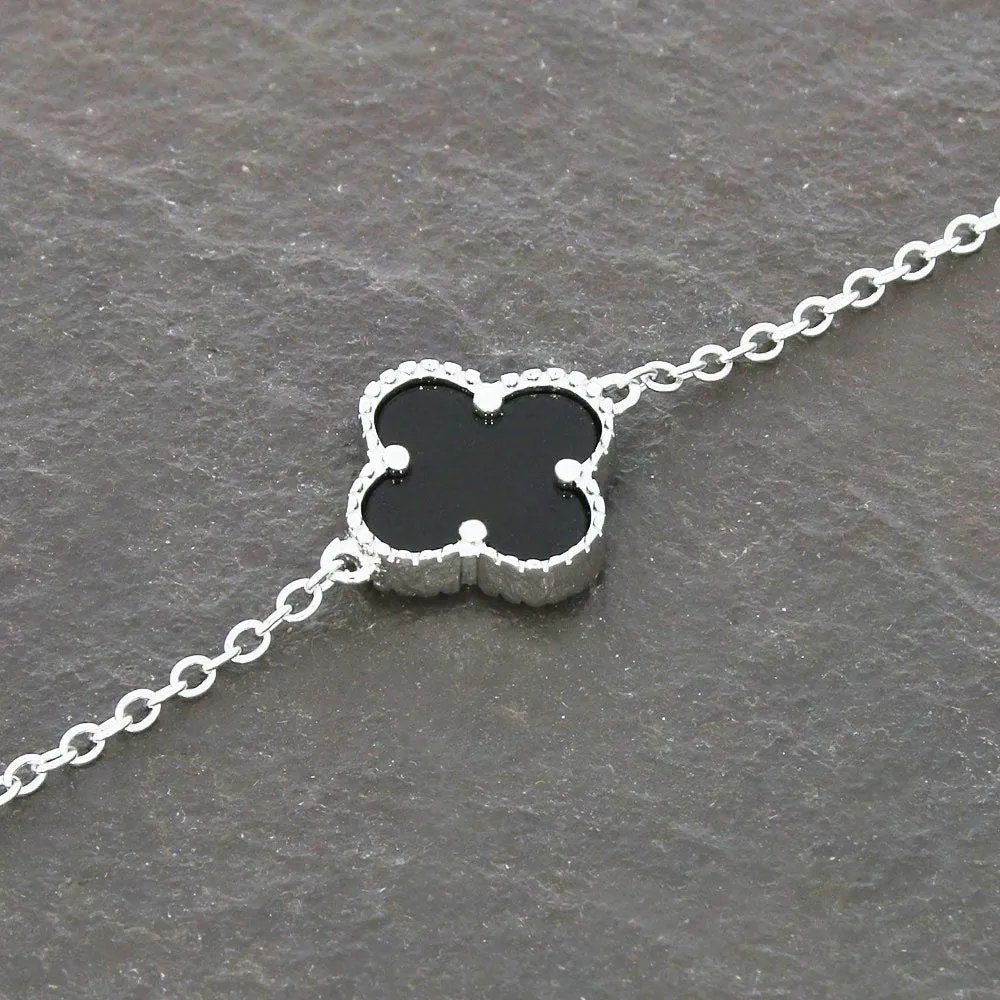 Four Leaf Clover Sterling Silver Black Stone Bracelet GVL052