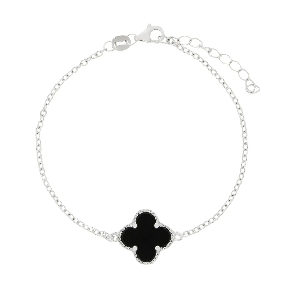 Four Leaf Clover Sterling Silver Black Stone Bracelet GVL052
