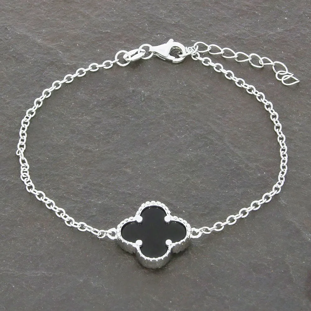 Four Leaf Clover Sterling Silver Black Stone Bracelet GVL052
