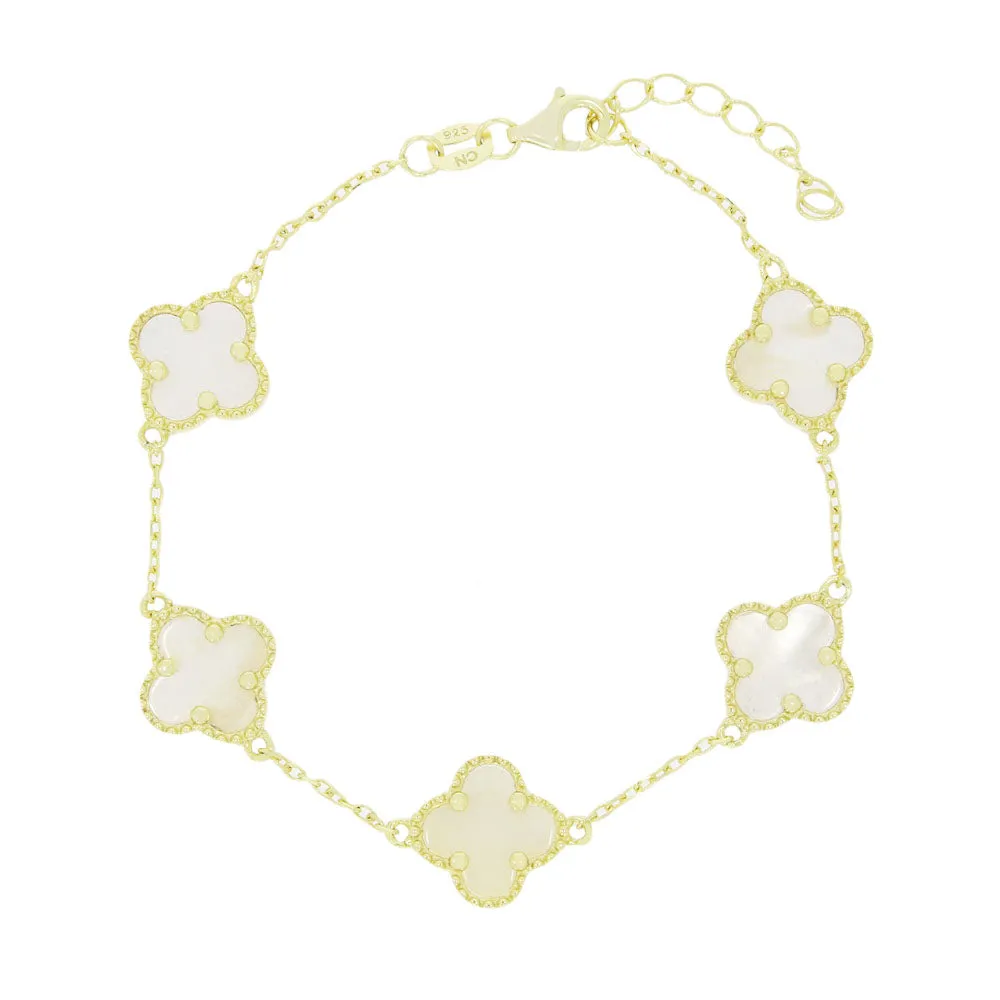 Four Leaf Clover Sterling Silver Gold Tone Mother of Pearl Bracelet GVL043