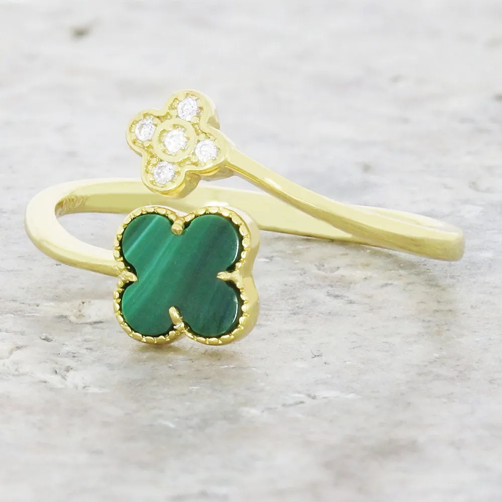 Four Leaf Clover Sterling Silver Ring Gold Tone Green Stone GVL063