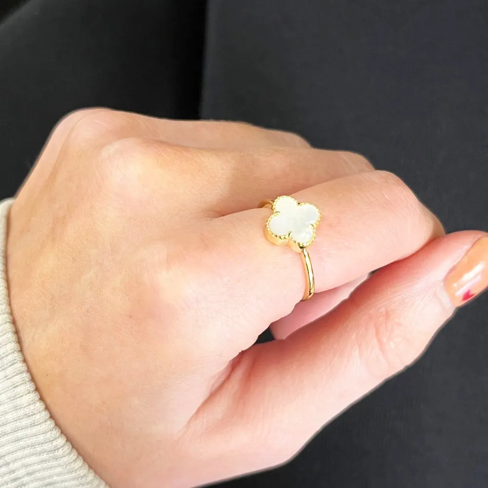 Four Leaf Clover Sterling Silver Ring Gold Tone Mother of Pearl GVL037