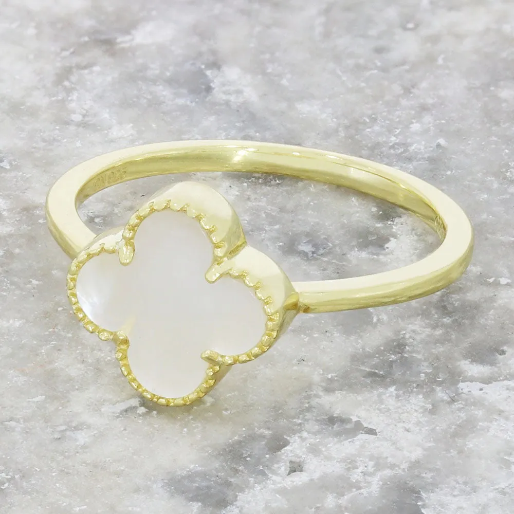 Four Leaf Clover Sterling Silver Ring Gold Tone Mother of Pearl GVL037