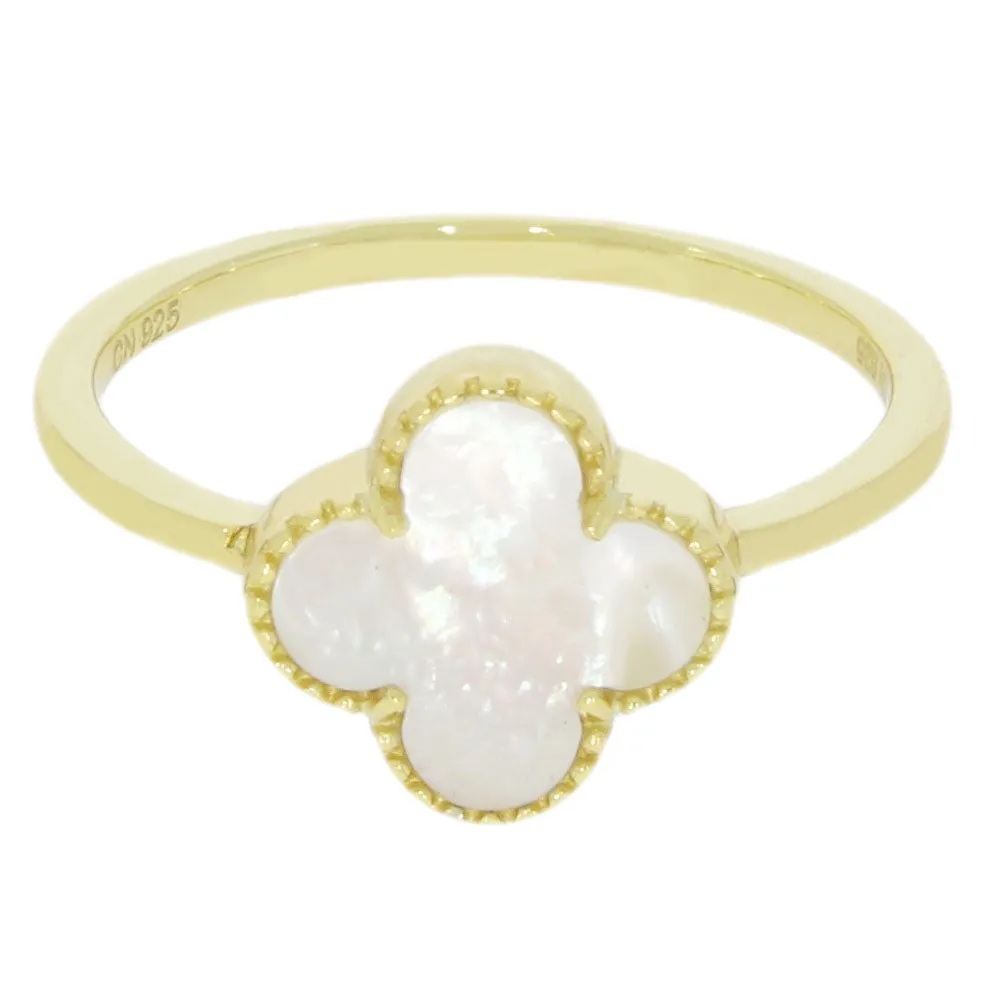 Four Leaf Clover Sterling Silver Ring Gold Tone Mother of Pearl GVL037