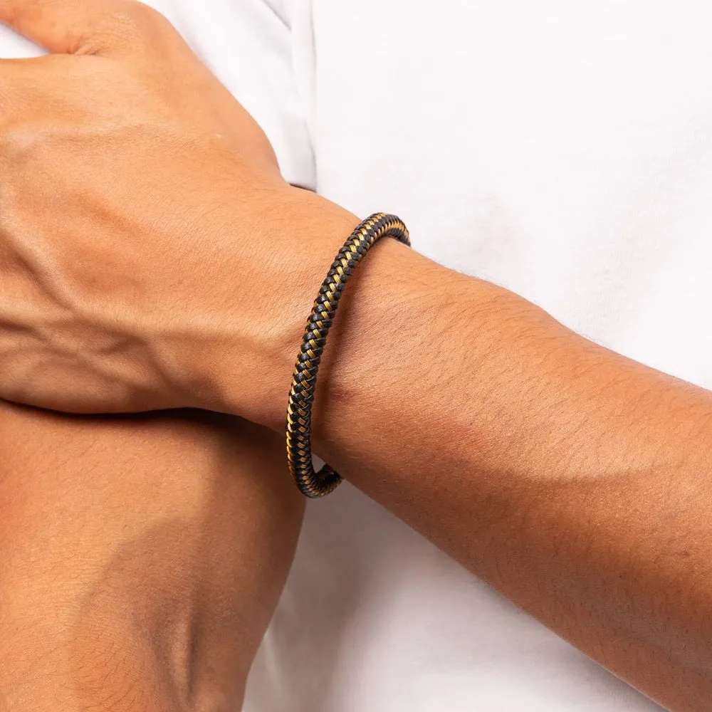 Fred Bennett Black Leather and Gold Wire Mens Bracelet B5450