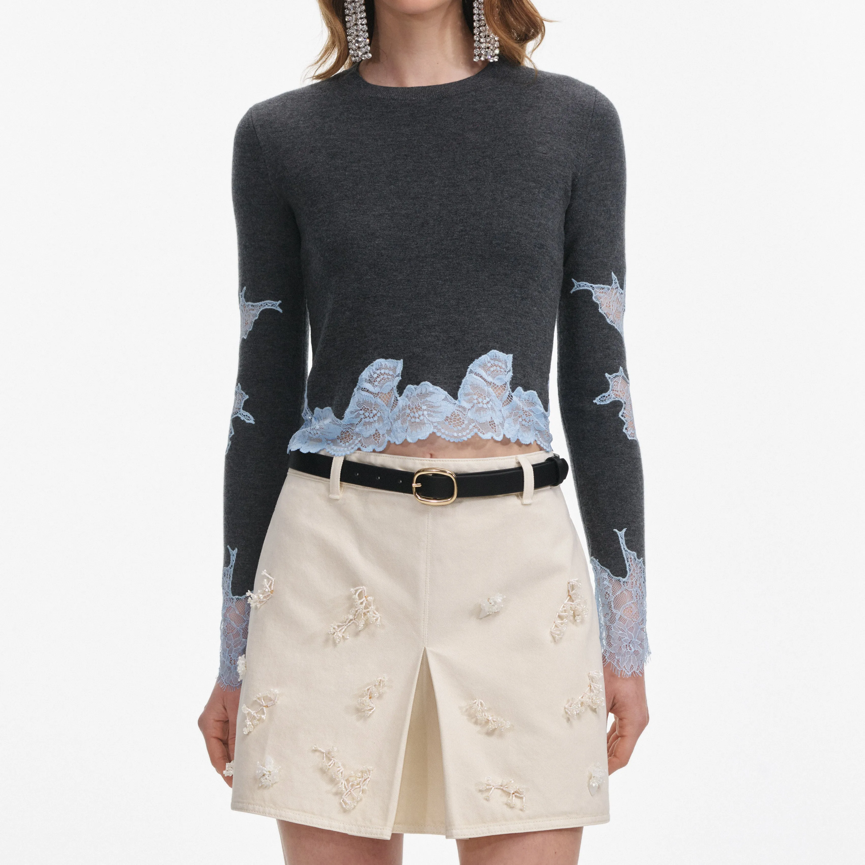 Grey Contrast Lace Jumper Self Portrait