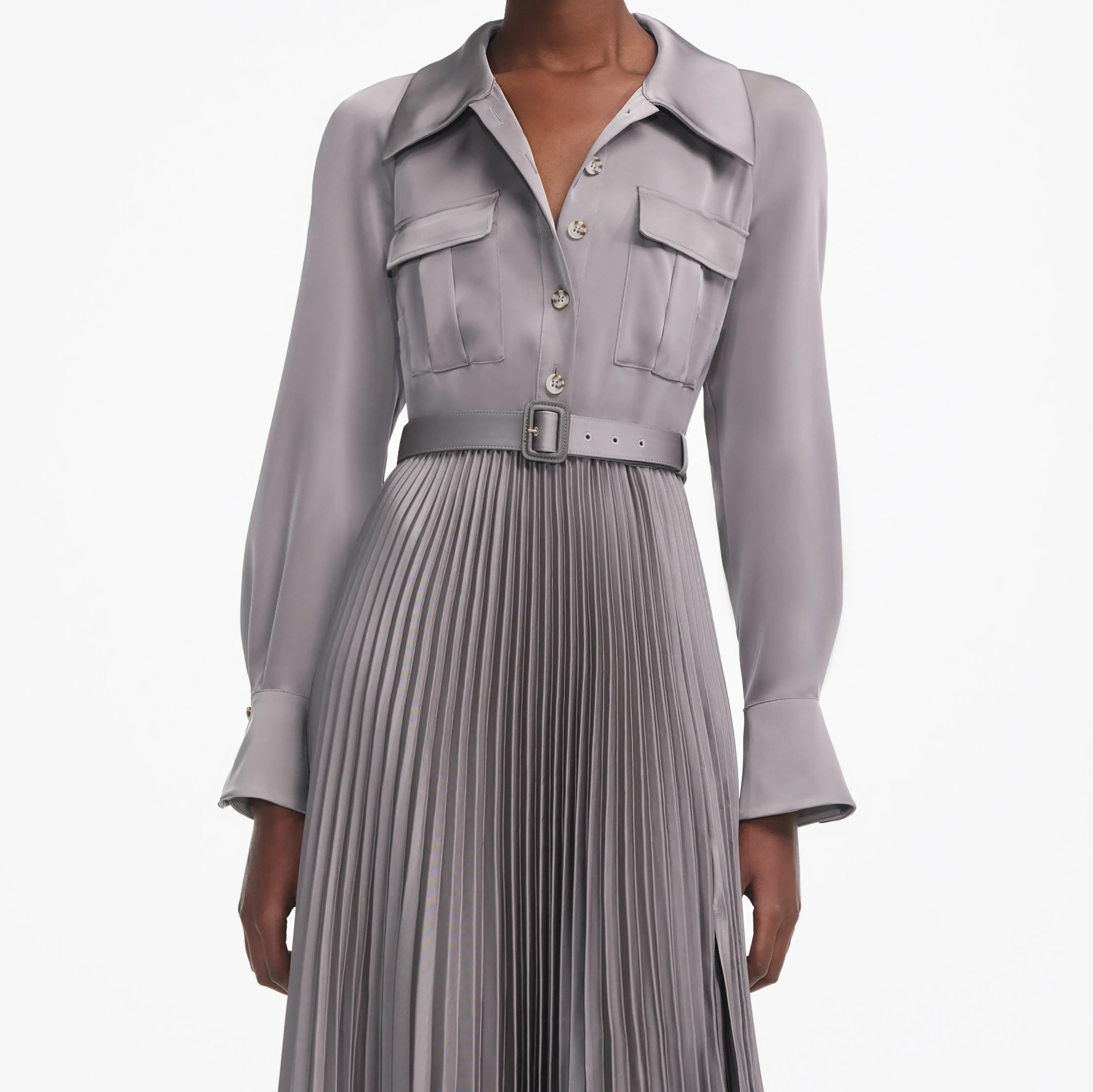 Grey Satin Pleated Maxi Dress Self Portrait