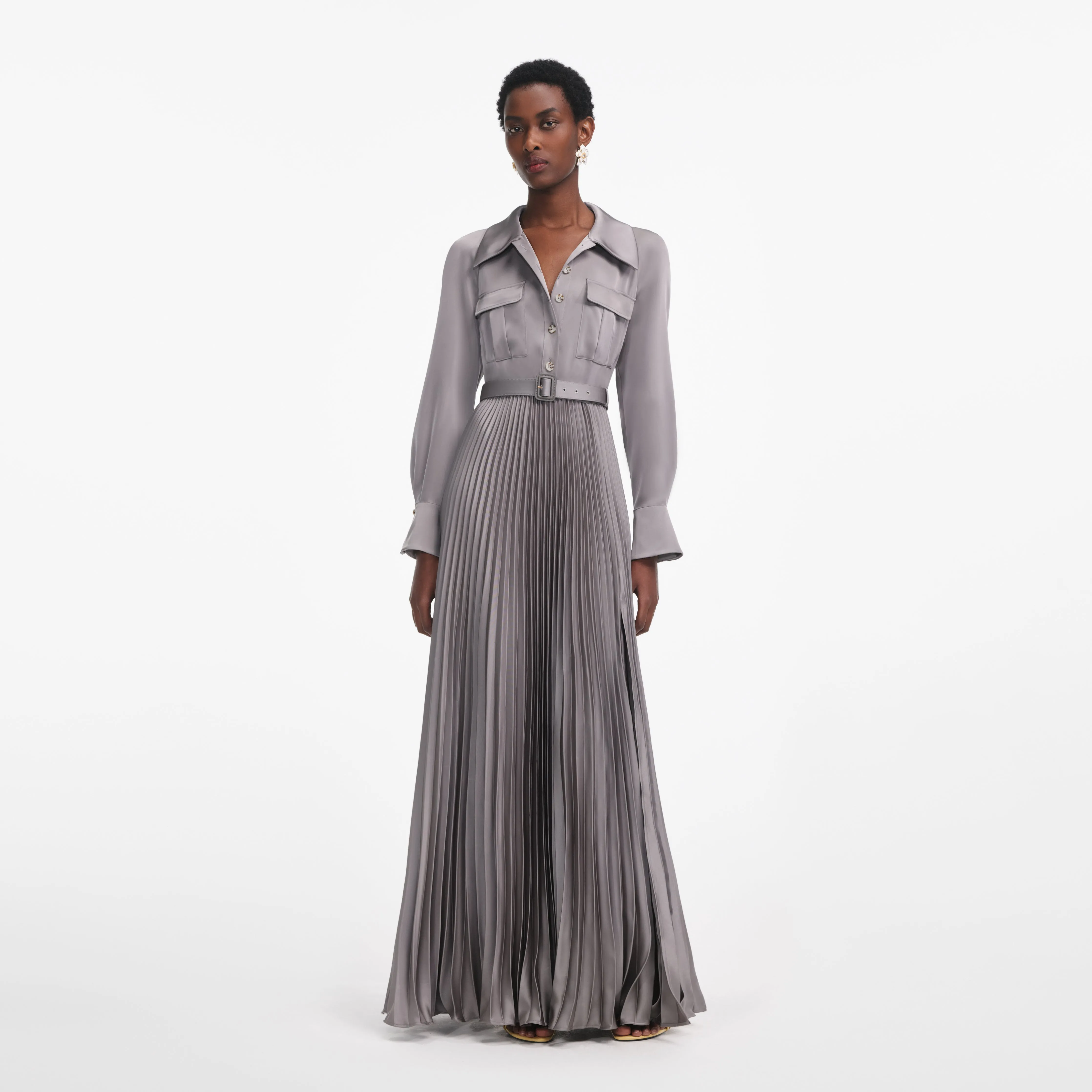 Grey Satin Pleated Maxi Dress Self Portrait