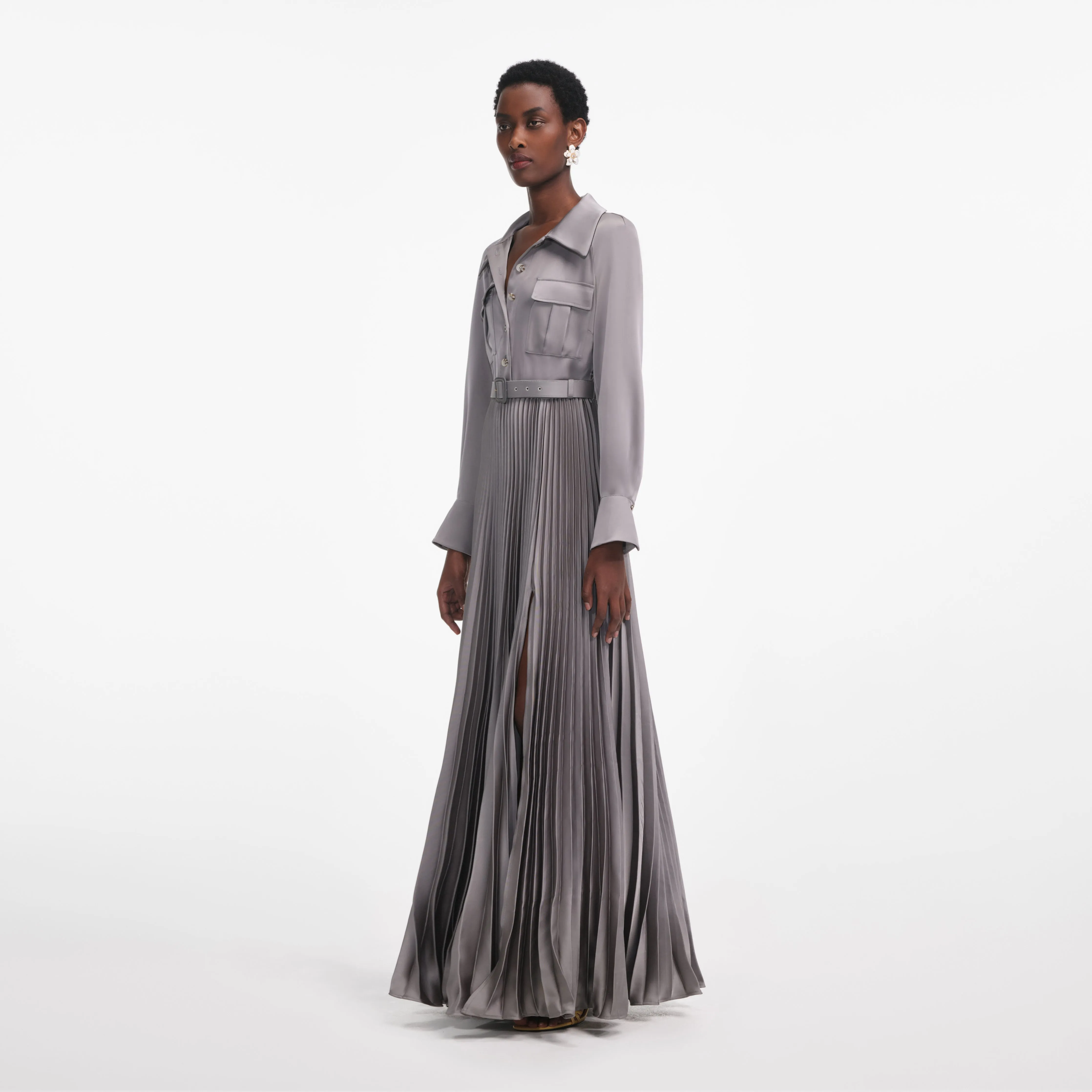 Grey Satin Pleated Maxi Dress Self Portrait