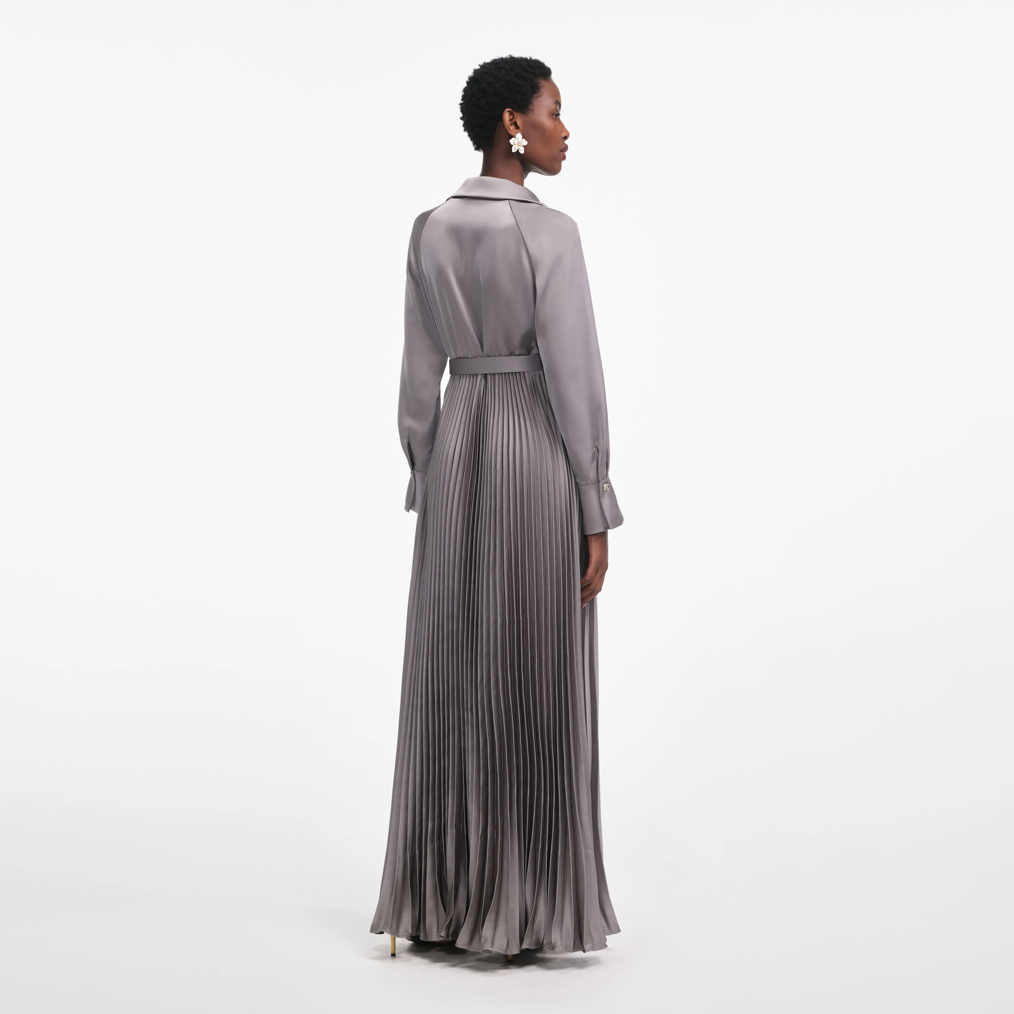 Grey Satin Pleated Maxi Dress Self Portrait