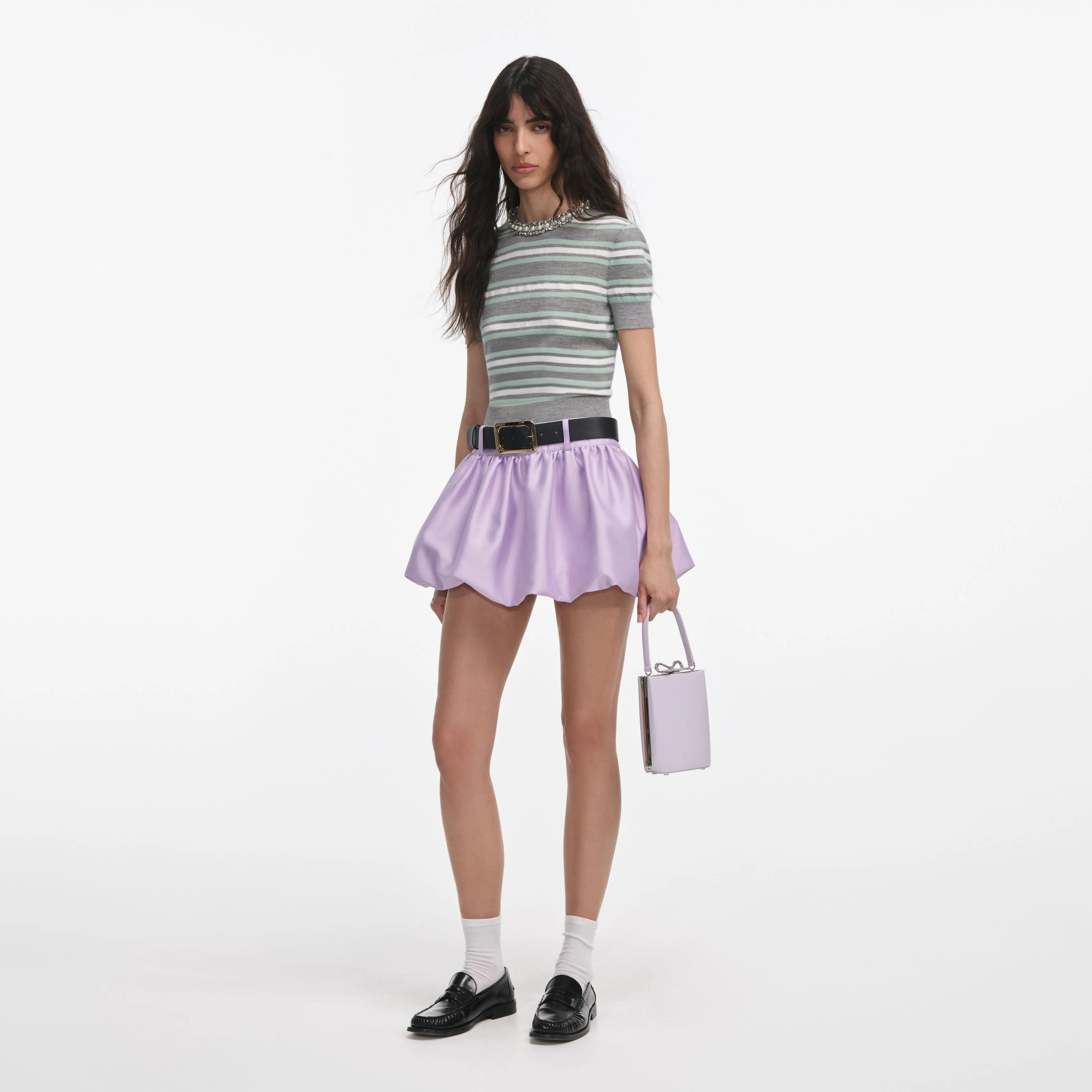 Grey Striped Crystal Trim Knit Top Self Portrait
