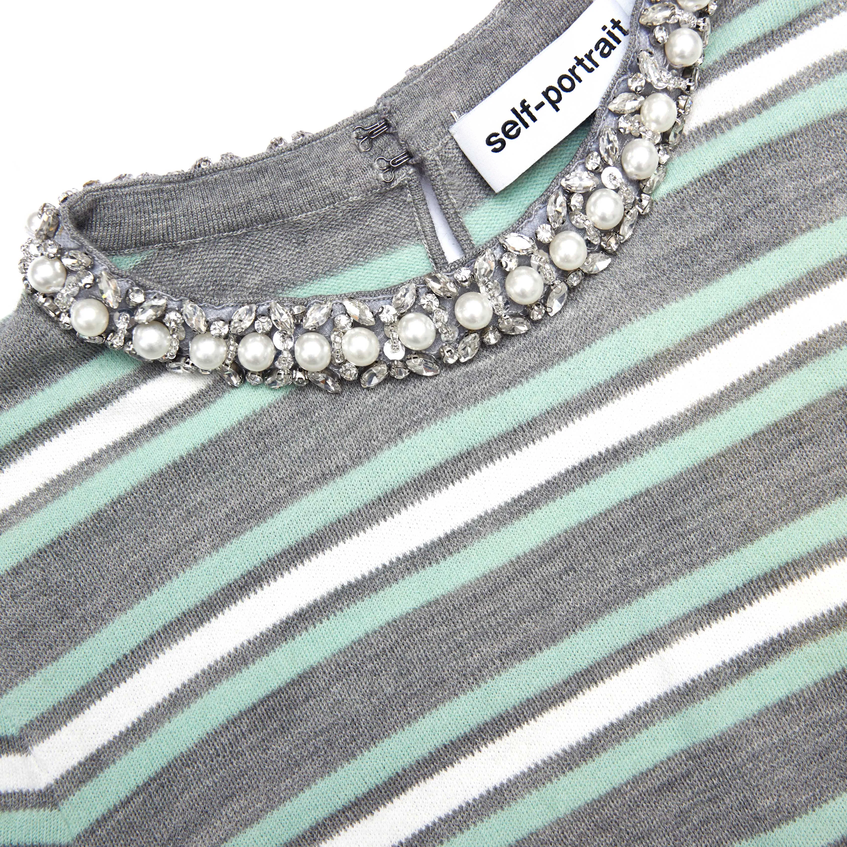 Grey Striped Crystal Trim Knit Top Self Portrait