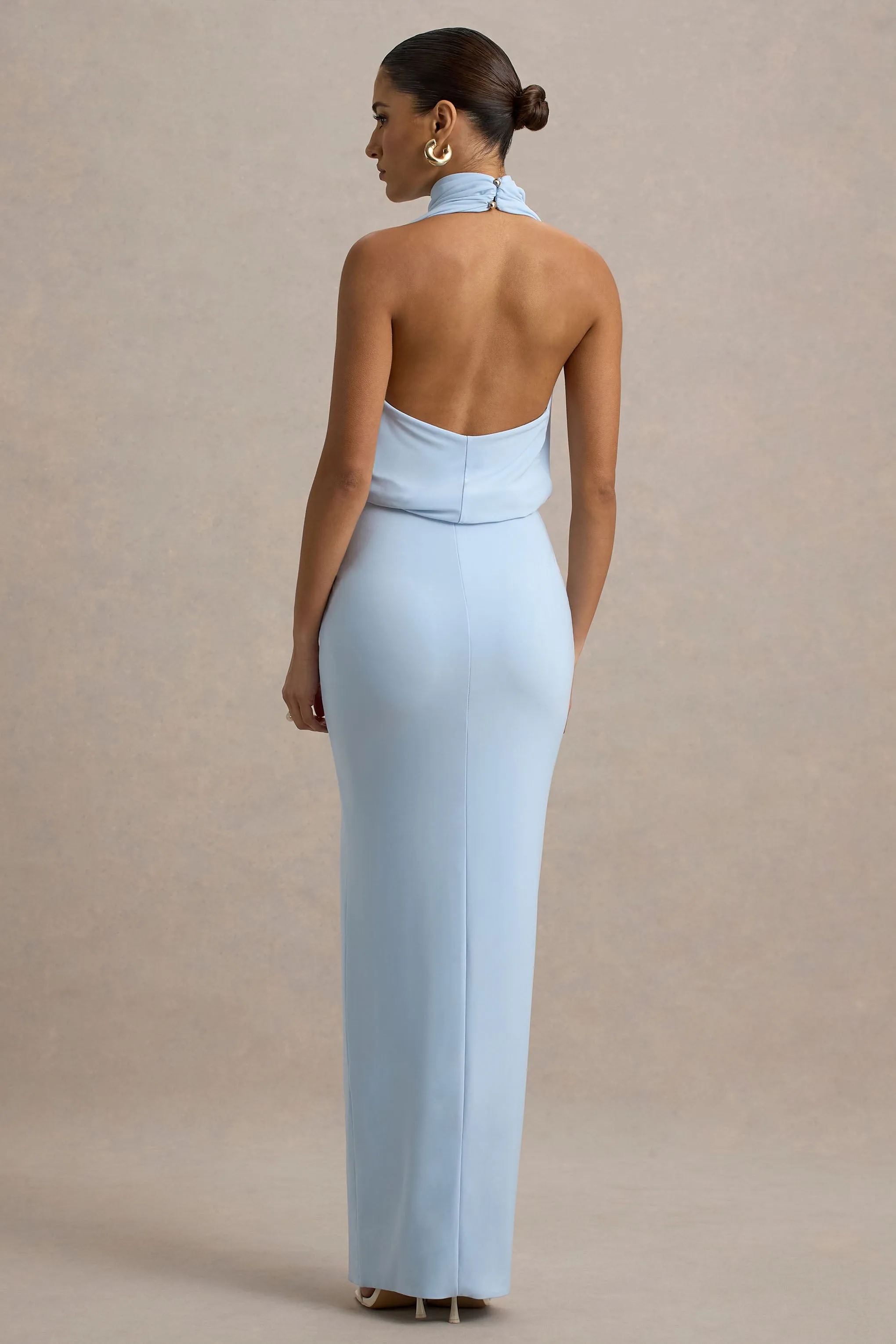 Hayden | Blue High-Neck Draped Split Maxi Dress Club L London