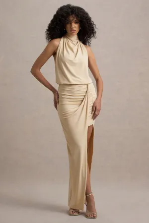 Hayden | Sand High-Neck Draped Split Maxi Dress Club L London
