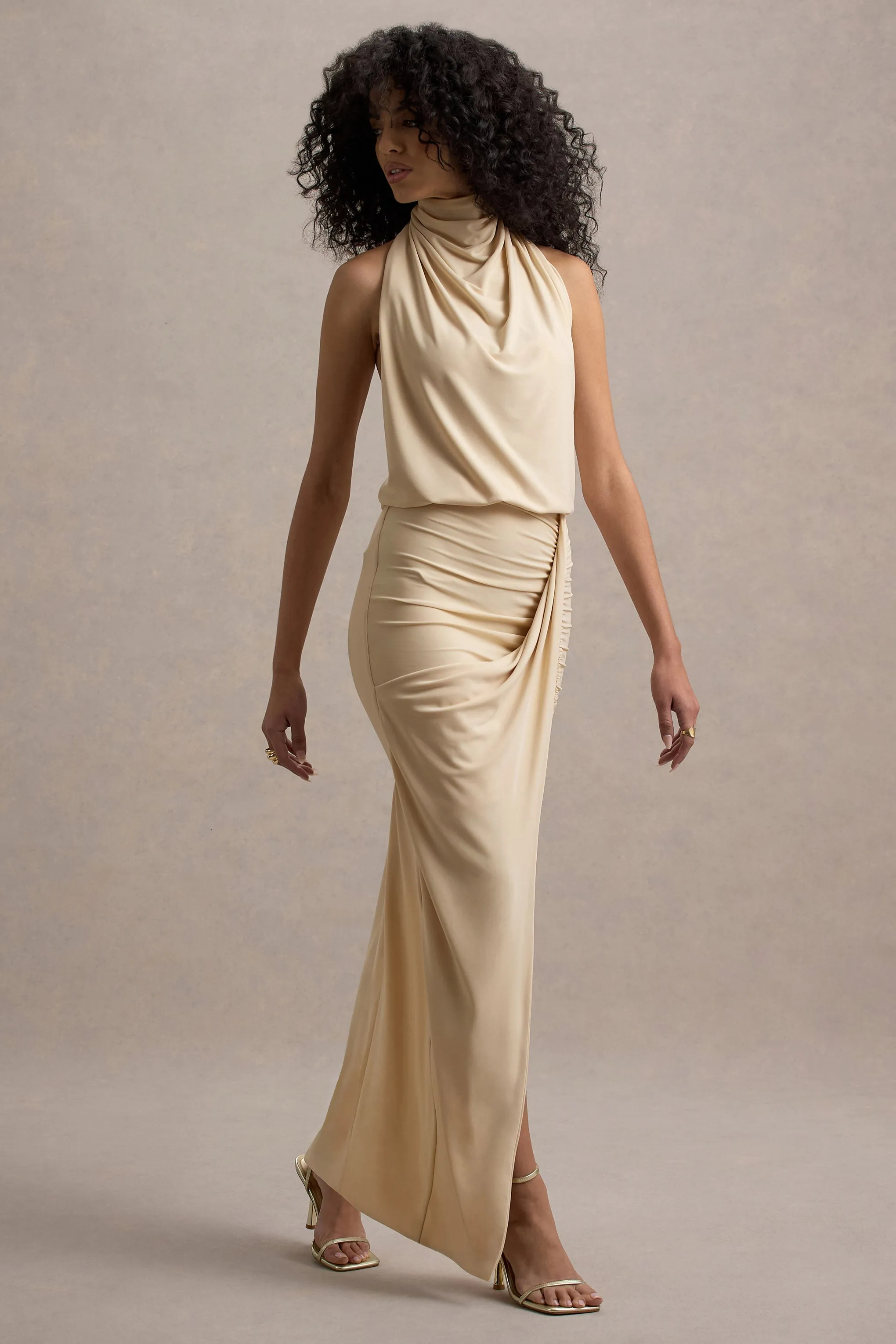 Hayden | Sand High-Neck Draped Split Maxi Dress Club L London