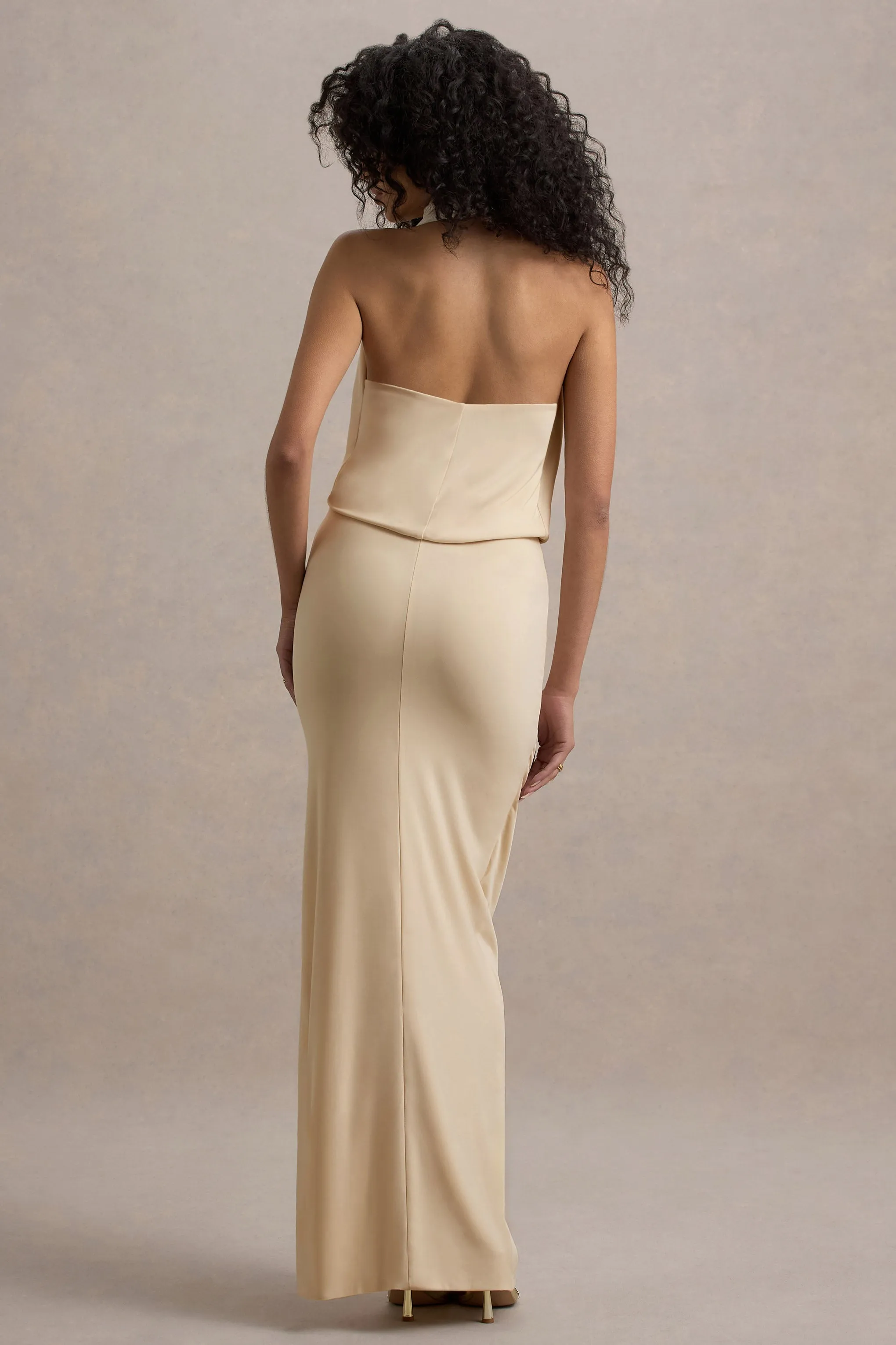 Hayden | Sand High-Neck Draped Split Maxi Dress Club L London
