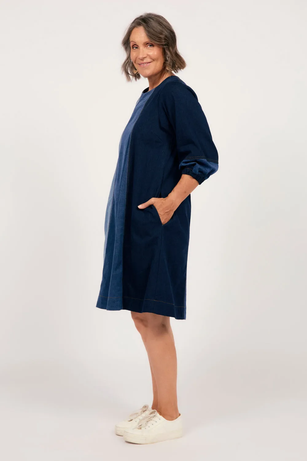 Hazel Denim Shift Dress in Patchwork Adrift