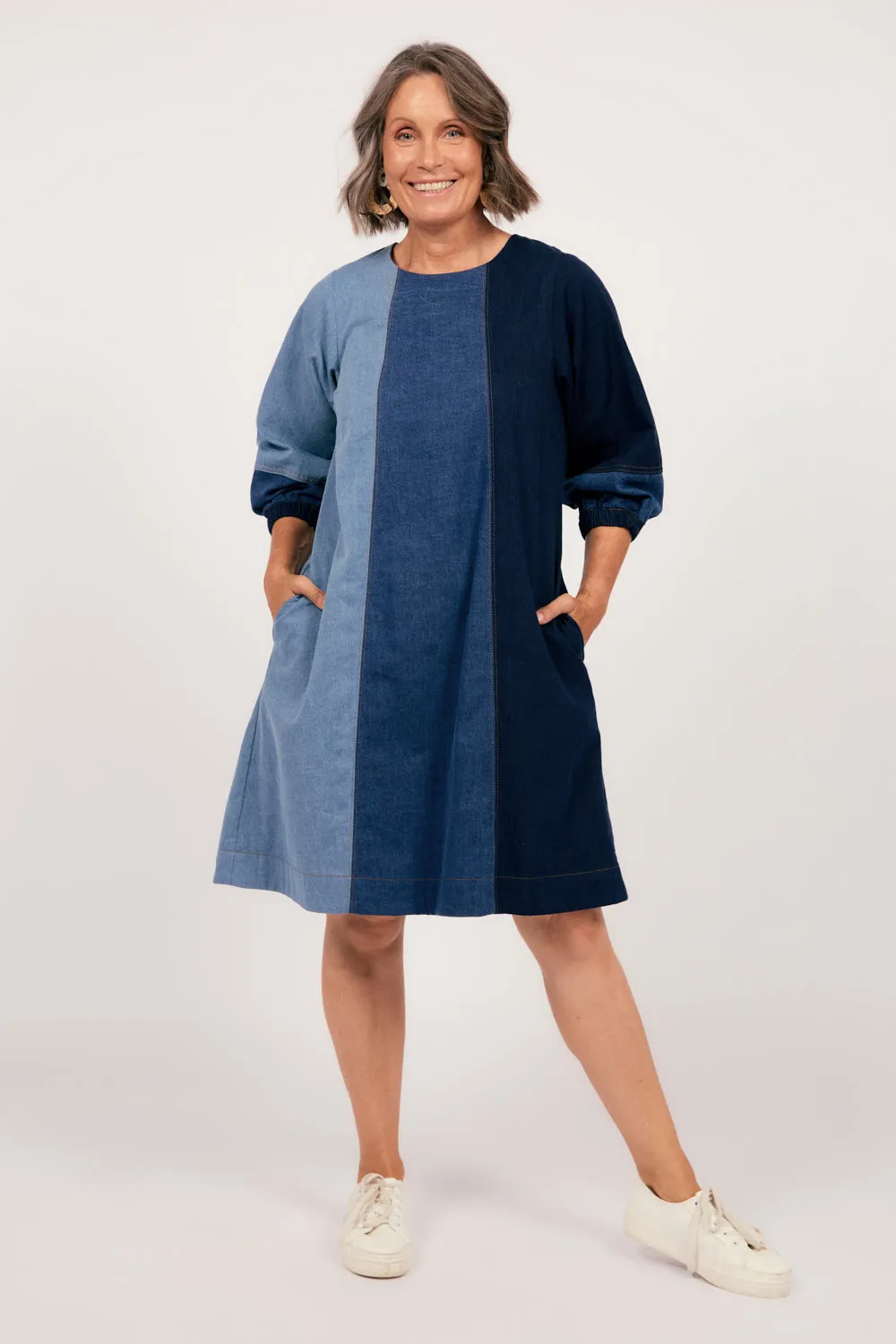 Hazel Denim Shift Dress in Patchwork Adrift