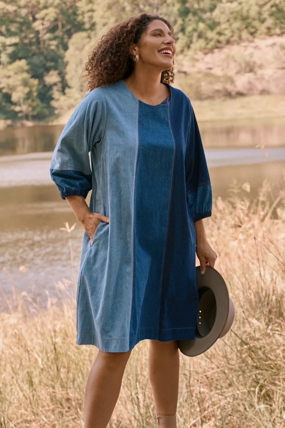 Hazel Denim Shift Dress in Patchwork Adrift