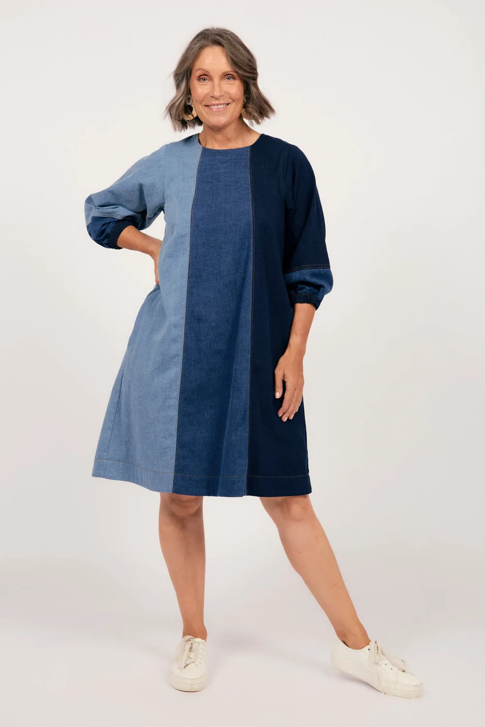 Hazel Denim Shift Dress in Patchwork Adrift