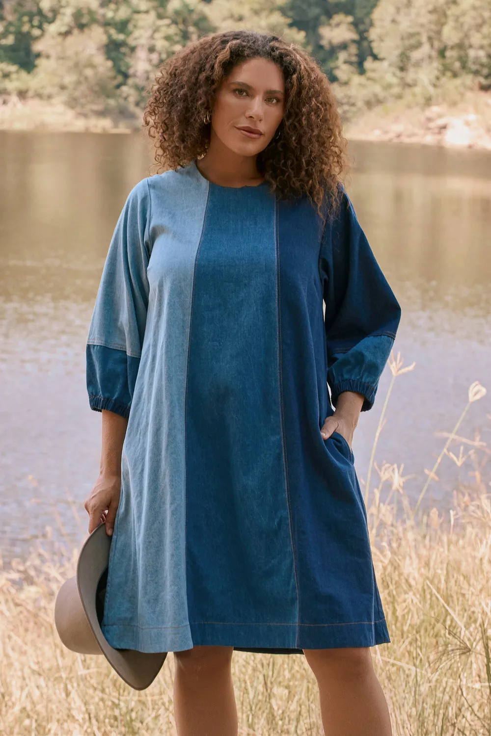 Hazel Denim Shift Dress in Patchwork Adrift