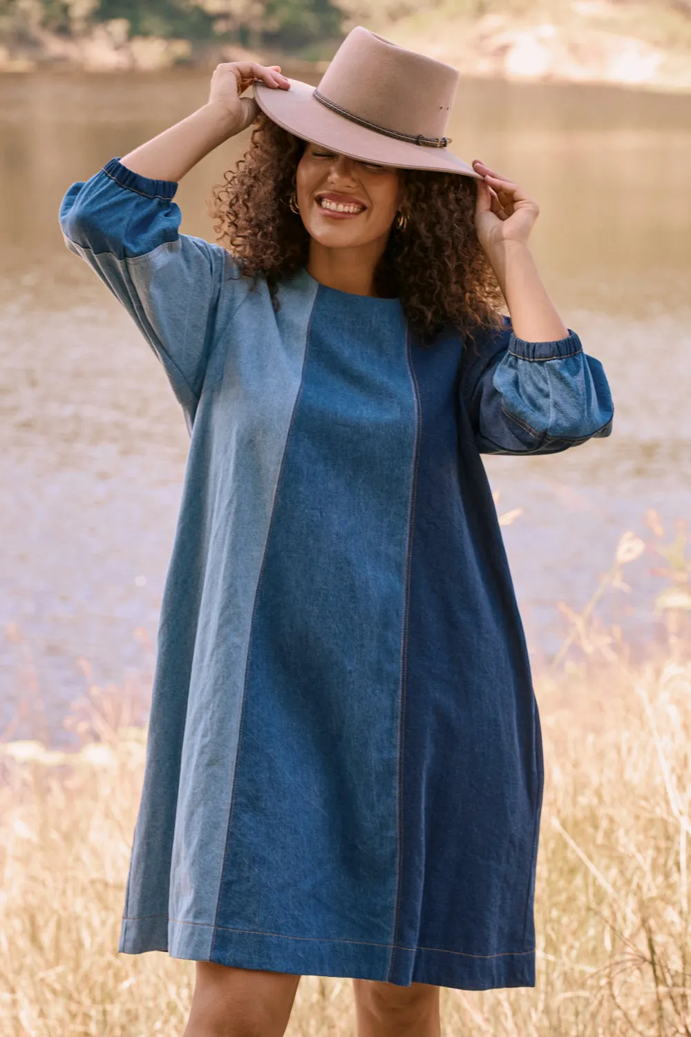 Hazel Denim Shift Dress in Patchwork Adrift