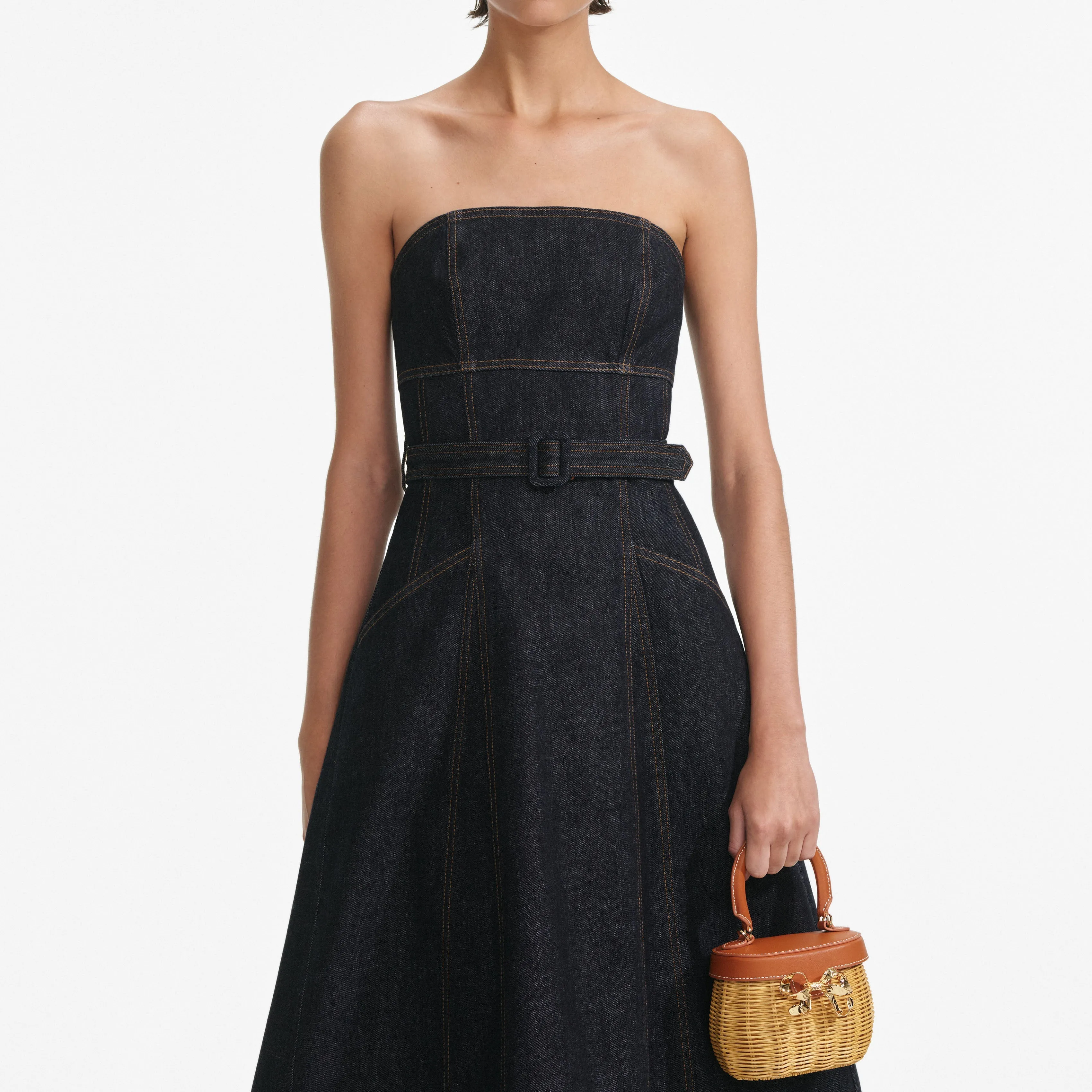 Indigo Denim Bandeau Midi Dress Self Portrait