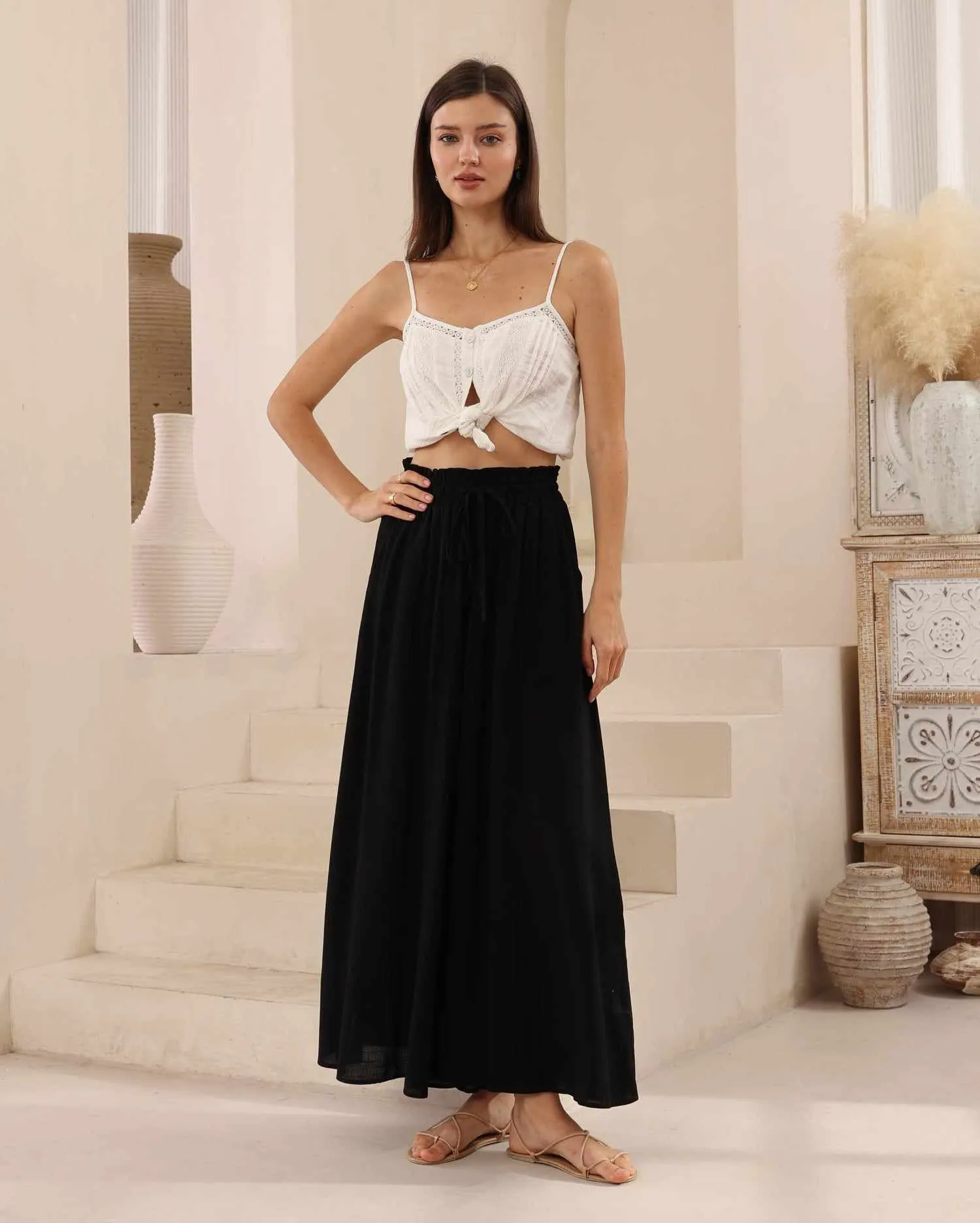 Iris Maxi Palazzo Pants Drawstring Waist Wide Leg - Black