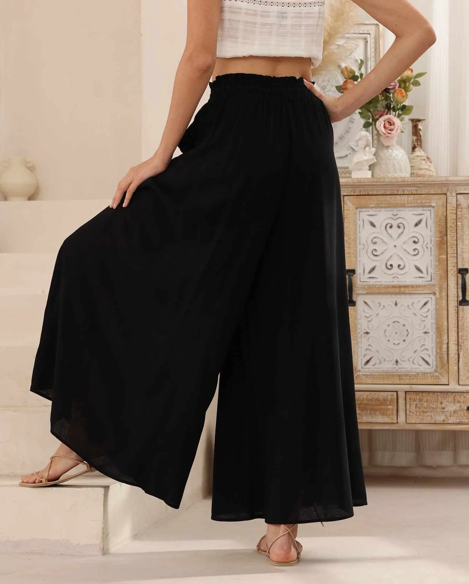 Iris Maxi Palazzo Pants Drawstring Waist Wide Leg - Black