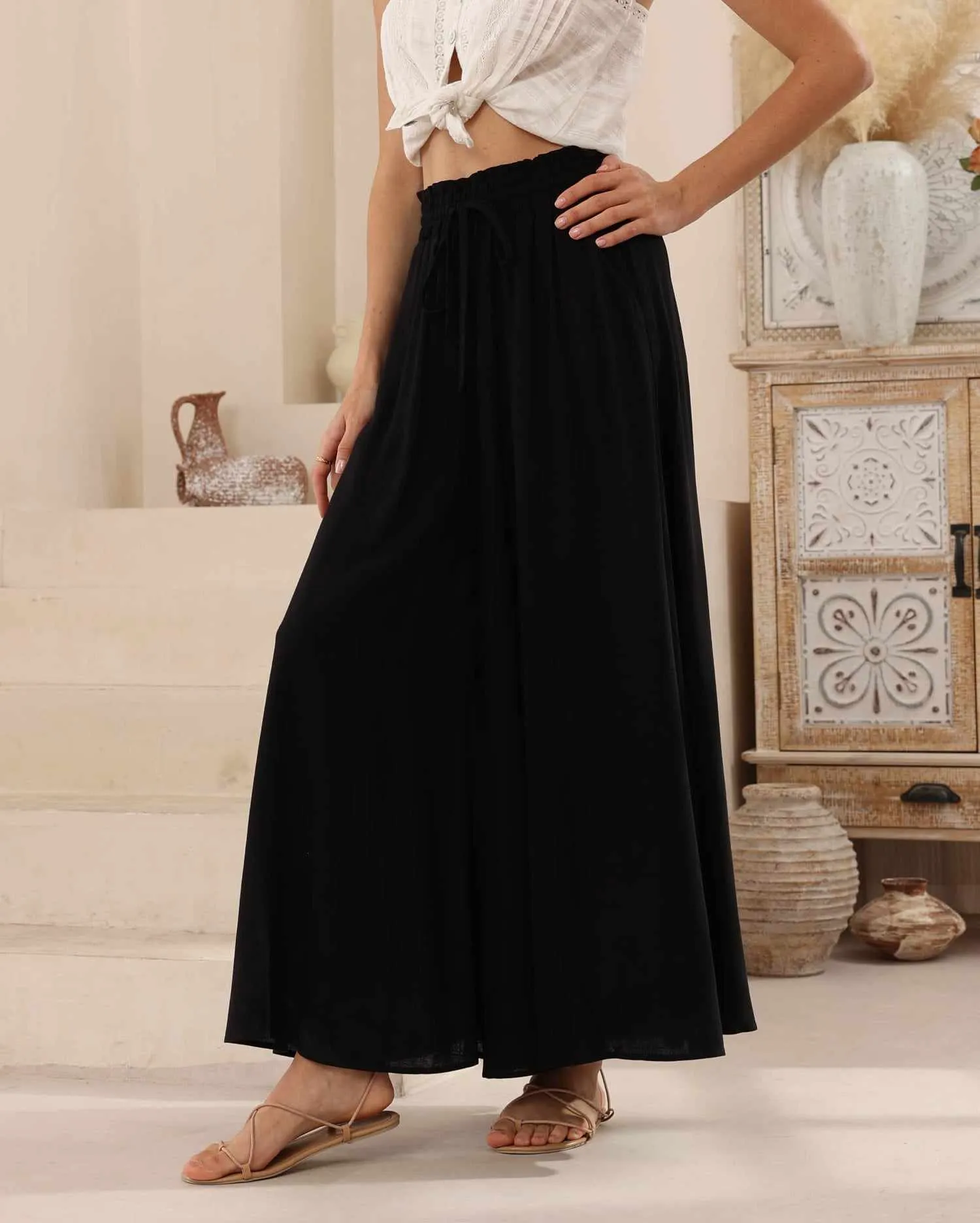 Iris Maxi Palazzo Pants Drawstring Waist Wide Leg - Black