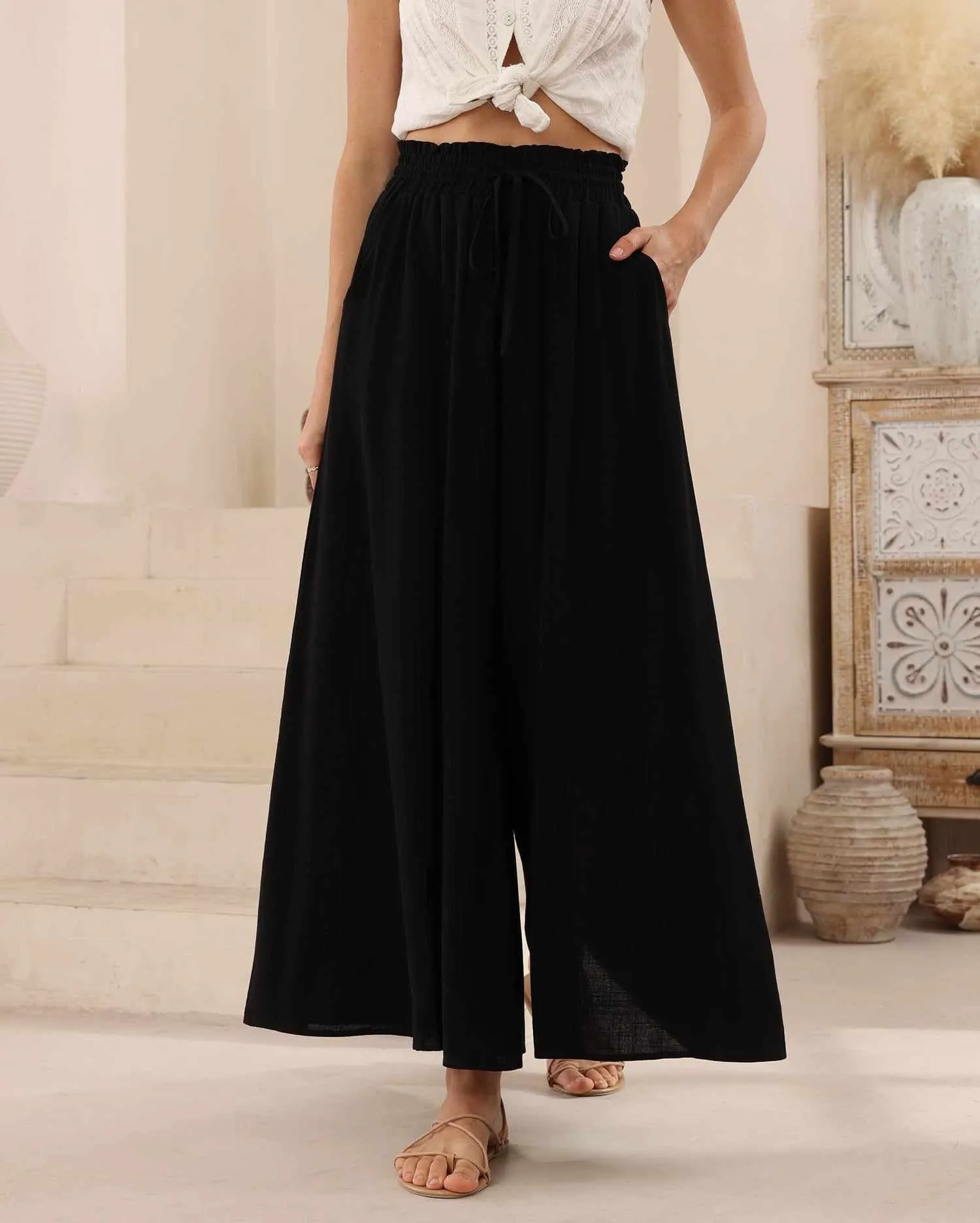 Iris Maxi Palazzo Pants Drawstring Waist Wide Leg - Black
